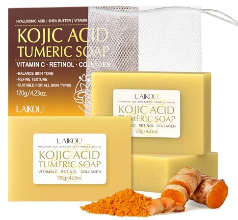 LAIKOU Savon Curcuma Acide Kojic Visage et Corps, 3 Pezzi Savon au Gingembre 120g, pour Tous les Types de Peau, Nettoyage de la Peau du Visage et du Corps