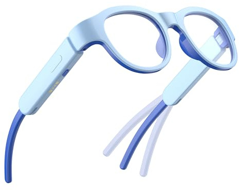 K01 Kids Blue Light Blocking Glasses with Bluetooth Audio, Open-Frame Directional Stereo Sound, IPX4 Waterproof Smart Glasses for Boys and Girls, RGB 7-Color Light, Birthday Gifts for Aged 6-12 (Blue)