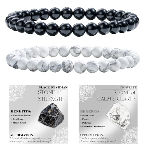 Bivei 2 Pezzi 6mm Bracciale Donna - Obsidiana Nera, Howlite - Bracciali con Elastico con Pietre Naturali, Gioielli con Perline Fatto a Mano per Yoga, Meditazione, Protezione e Regalo