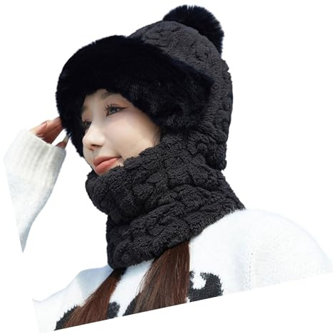 CHIZISX Gorro de punto cálido de invierno con bufanda para la cara, suéter grueso de felpa para clima frío, esencial para mujeres, esquí, senderismo, forro polar con capucha, Negro, Talla única