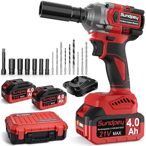 Sundpey Avvitatore a Impulsi Brushless 650Nm, 1/2 Avvitatore a Percussione 2 in 1 con Batteria 2 * 4000mAh & 6 Prese & 9 Punte & Asta di Prolunga, Avvitatore ad Impulsi per Auto e Casa