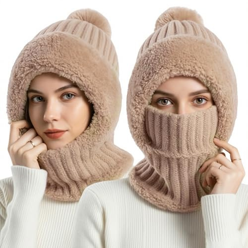Kunoli 3 in 1 Beanie Hat for Women, Winter Womens Knitted Hats with Neck Gaiter & Face Mask, Balaclava Hat and Scarf Set, with Hairball, Soft Thick Fleece Lined for Skiing, Hiking & Outdoor (Khaki)