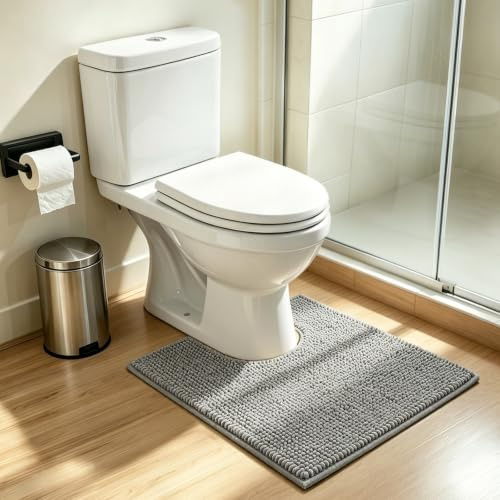 HITSLAM Alfombra De Inodoro En U, 60x50cm, Gris Claro, Antideslizante | Chenilla Extra Gruesa, Súper Absorbente, Tacto Ultra Suave, Lavable A Máquina, Ajuste Perfecto Para Inodoro
