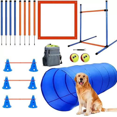 Agility hundar, smidighetsträningsutrustning, utrustad med hundtunnel, staket, 8 slalomstolpar, 2 tennisbollleksaker, vilolåda, märkningsstolpar, 3 korta stänger