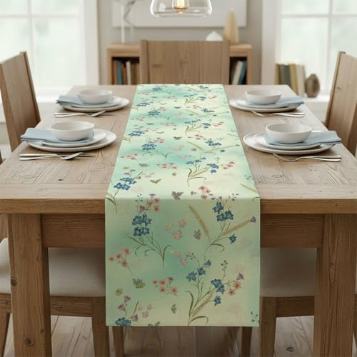 Multicolored Floral Green Leaves Wheat Table Runners Runner for Table Turner for Dining Spring Party Decorations Spring Season Decor Home Kitchen Dining Holiday Decor 13 × 90 inch