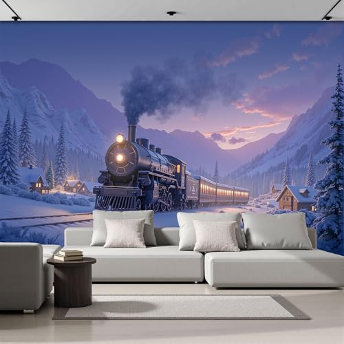 Papier Peint Panoramique Artistique 250x175cm - Revêtement Mural Décoration Chambre Salon - Paysages d'hiver - Violet - Coucher de soleil dans la vallée du Train - Pour Chambre d'enfant Décoration