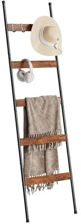 ELYKEN 5 Tier Towel Ladder with Wood Grain Accents, 160cm/5.2ft Metal Leaning Towel Rack, Rustic Throw Ladder, Industrial Shabby Chic Decorative Rack for Bathroom & Living Room, Rustic Brown 1 Pack