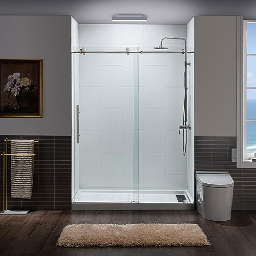 WOODBRIDGE Frameless Sliding Shower, 56-60 Width, 76 Height, 3/8 (10 mm) Clear Tempered Glass, Brushed Nickel Finish, Designed for Smooth Door Closing