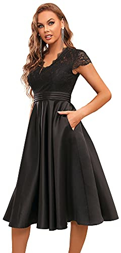 Ever-Pretty Vestito da Damigella Pizzo Maniche Corte Scollo a V Stile Impero Linea ad A Elegante Midi da Donna Nero 42EU