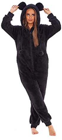 Keanu KL759-B-20-22 - Ladies Snuggle Fleece Onesie with Novelty Hood and Pom Poms - Black - Size 20-22