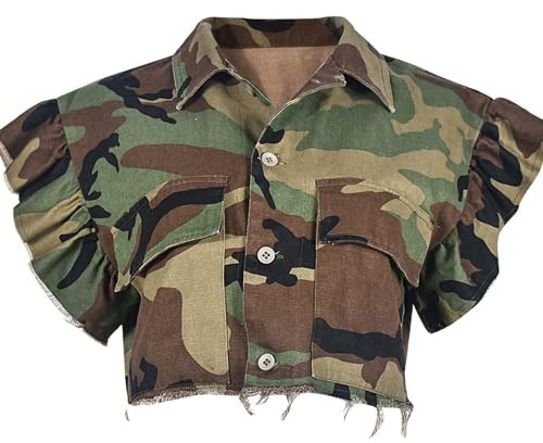 LETSVDO Camouflage Shirt For Women Camo Army Fatigue Y2k Cropped Tops Military Utility Denim Vest Jackets Coat Casual 2024