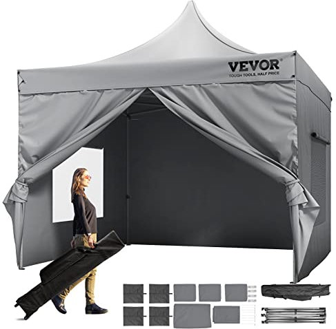 VEVOR Tonnelle Pop-up 304,8x304,8 cm Tente Tonnelle Jardin Parois Latérales Amovibles Sac à roulettes Résistant UV Imperméable Tente Gazebo pour Plein Air, Terrasse, Jardin, Fête, Camping, Gris Foncé
