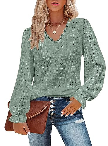 Flikity Green Tops for Women UK, Lace V Neck Puff Long Sleeve Eyelet Tops Casual Work Ladies Blouses Office Daily Wear Lightweight Tunic Loose Spring Summer Fall Clothes Soild Green M