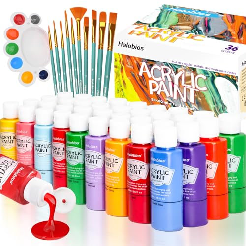Halobios Acrylfarben-Set mit Pinsel und Palette – 36×60 ml hochwertige ungiftige Acrylfarbe, mit fluoreszierenden und metallischen Farben, schnell trocknend, wasserfest und lichtecht
