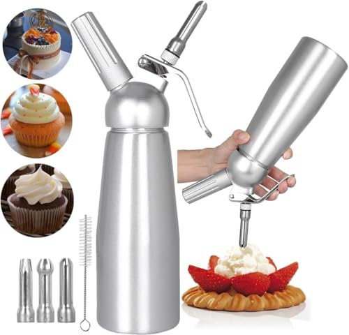 Echden 500ml Sifone Panna Montata,3 Ugelli in Acciaio Inossidabile e 1 Pennello per la Pulizia, Sifone Cucina per Decorare Crema di Pasticceria, Gelato e Dessert
