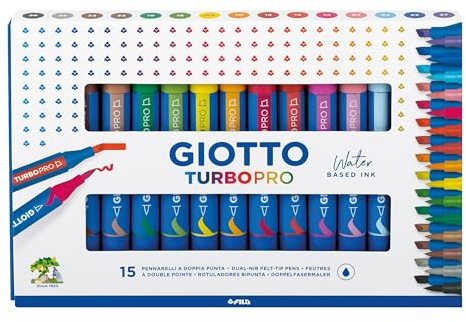 Giotto Turbo Pro Dual Tip Marker Pens, Round Shape, Assorted Colors, Pack of 15