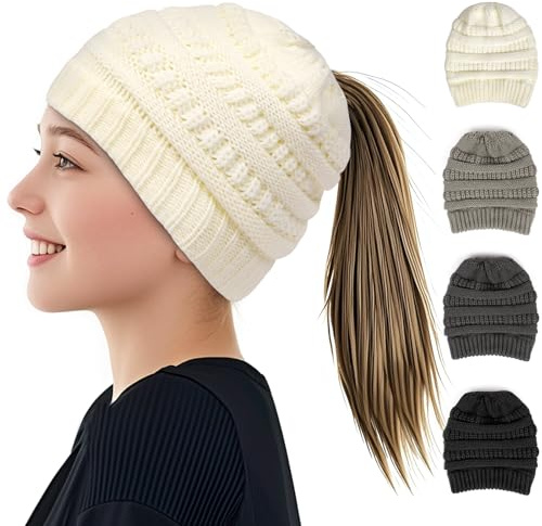 AUYAO Damen Mädchen Strickmütze mit Zopfloch für Pferdeschwanz Wintermütze Gestrickt Beanie Mütze Warme Hut mit Haaren Winter Kappe Beanie Ponytail Cap Damen Haube Häkelmütze Mütze Loch Zopf (Weiß)