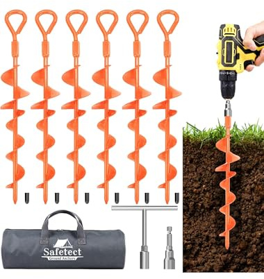 Safetect Ground Anchors Screw in 15 Inch, Heavy Duty Earth Anchor Stakes for Trampoline, Camping, Canopies, Tents, Securing Animals, Swing Set Anchors, 6 Pack Tent Stakes