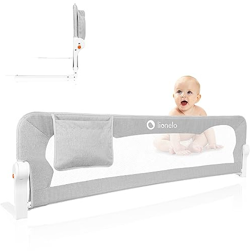 lionelo Eva Universal Bed Guard 150 L x 42cm H, Child Safety barrier with 180° Recline Foldable Design, StandSafe lock Storage pocket, Sturdy Durable Bedside Safety Gate for Children (Light Grey)