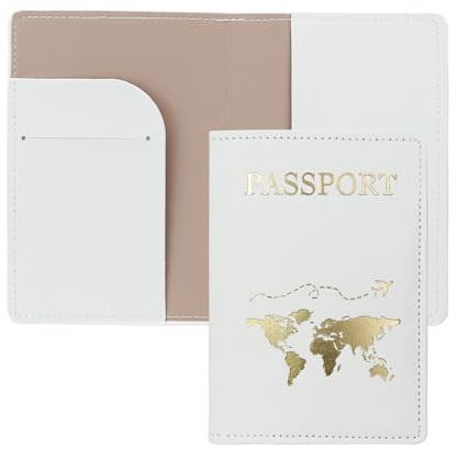 FuninCrea Porte-passeport, portefeuille de voyage en cuir synthétique avec plusieurs emplacements, étui fin pour passeport, portefeuille avec motif doré pour passeport, cartes de visite, Blanc., s