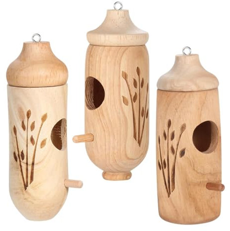 Casa de colibrí de madera, 3 nidos de cría de madera, cabaña de pájaros para jardín, patio, balcón, porche, tronco de árbol, cueva de cría al aire libre para colibríes, decoración de observación de