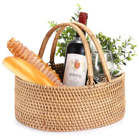IGNPION Wicker Picnic Baskets with Handles Rattan Shopping Basket, Oval Kitchen Fruit Basket, Woven Gardening Basket, Decorative Serving Baskets for Bread, Gift,Egg, Towels, Camping