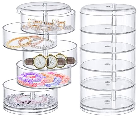 Caja organizadora de almacenamiento de joyas giratoria mejorada para aretes, accesorios para el cabello y suministros de belleza, aretes, collares, pulseras (transparente, 5 capas)