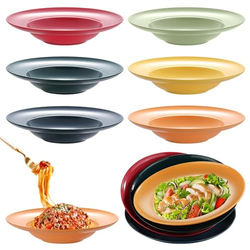 LEKEFETO 6 pièces assiettes à pâtes profondes : ensemble d'assiettes creuses 23 cm en plastique réutilisable, assiettes à pâtes colorées pour spaghettis, pâtes, salades, steaks