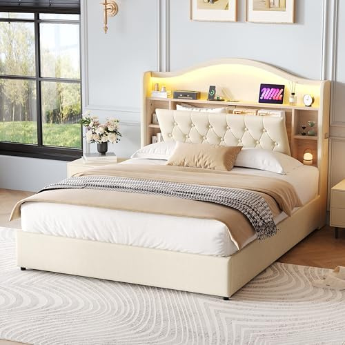 Merax 4ft6 Double Ottoman Bed Frame with Hydraulic Storage, LED Curved Button Tufted Headboard with Charging Station and Concealed Headboard Storage, Linen, Beige/135x190 cm (No Mattress)
