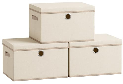 SONGMICS Scatole Portaoggetti con Coperchio, Set di 3 Contenitori in Tessuto, Pannelli Interni in PP Inodori, Pieghevoli e Impilabili, Maniglie, 43 x 30 x 30 cm, Beige Cappuccino RFB545LH01