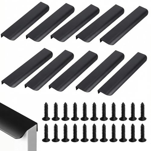 XRVRILE Lot de 10 Invisible Poignee de Meuble Cuisine en Aluminium, 200 mm Poignées Encastrées Affleurantes avec Vis, Poignée Meuble pour Tiroirs et Portes D’Armoire, Moderne Sans Traces, Noir Mat