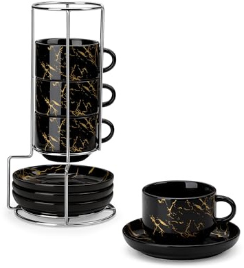 MALACASA Espressokoppar set om 4, 75 ml espressomuggar, tjockväggiga espressomuggar, med fat och stativ, stapelbara italienska espressomuggar av svart porslin, diskmaskinssäker, serie regular