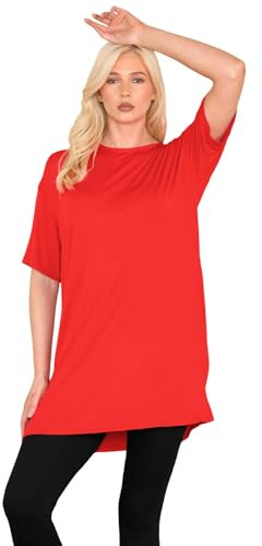 janisramone® Womens Short Sleeve Tunic T Shirts, Round Neck Oversized T Shirts for Women UK, Soft Comfortable Pj Dress, Perfect Summer Longline Ladies Tops Red