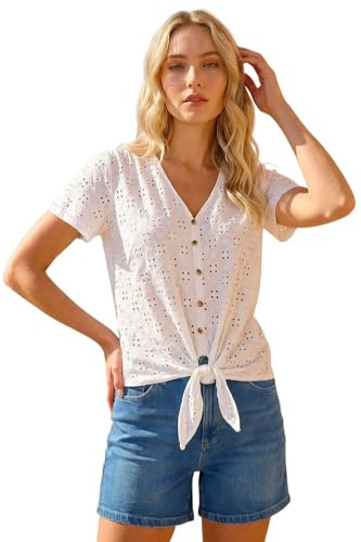 Roman Women Broderie Anglaise Tie Front Top Ladies Floral Crochet Embroidered Blouse Smart Casual Button Down Summer T-Shirt Tee Spring Cruise Beach Holiday Party Ivory