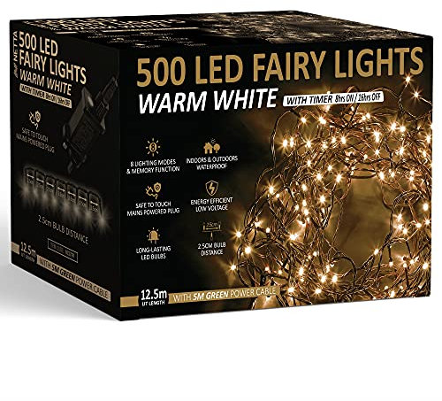 NETTA Christmas Tree Lights 500 LED 12.5m Warm White - 2.5cm Bulb Distance Fairy String Lights Plug in with Timer and Memory Functions - Suitable for Outdoor/Indoor Use