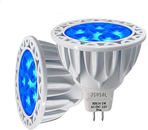 JSVSAL (2 pezzi) lampadine a LED dimmerabili blu MR16 GU5.3 con base bipin 5 W, equivalente a 50 W, AC/DC 12 V bassa tensione, faretti da 40 gradi per paesaggio, cortile, giardino, albero, piscina