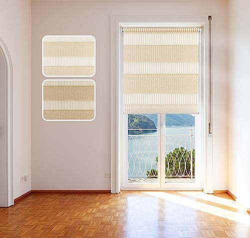Doppelrollo Bambus, 95x150cm, Creme, mit extra Breiten Stoff-Streifen in Bambusgras-Optik, Klemm-Fix Halterung, Montage ohne Bohren, lichtdurchlässig und verdunkelnd