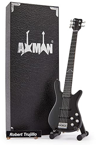 Robert Trujillo Réplique de guitare miniature – Cadeaux de musique – Ornementale faite à la main Échelle 1/4 – Comprend une boîte de présentation, une étiquette de nom et un support de guitare