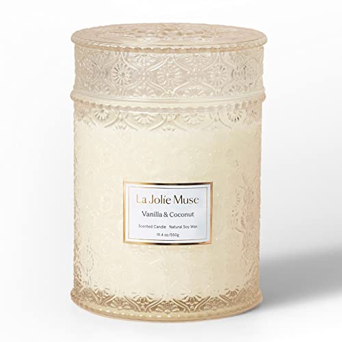 La Jolíe Muse Scented Candles Vanilla and Coconut Gift Candles, Wood Wick Candle Gifts for Women 19Oz /539g Large Candles Natural Soy Wax Glass Jar 90 Hours Long Burning, Gift for Her