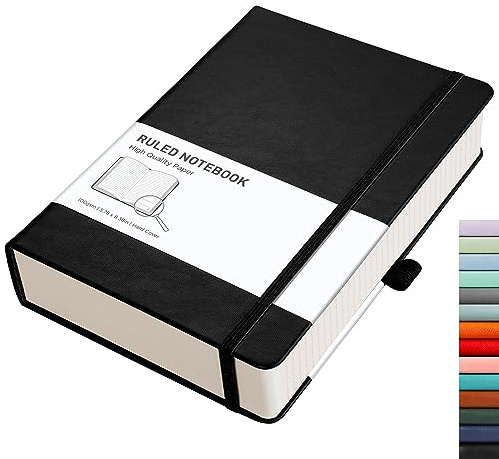 RETTACY Notizbuch A5 liniert - Dickes Tagebuch mit 320 nummerierten Seiten, 1 Rücktasche und Hardcover für Frauen und Männer im Büro oder in der Schule, 14,5 x 21 cm - Schwarz
