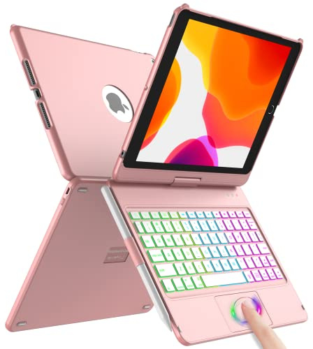 aMZCaSE Étui pour Clavier iPad 10.2 pour iPad 9/8/7e gén,Coque Rigide Rabattable à 360°avec Clavier Bluetooth sans Fil avec 7 rétroéclairages,Mise en Veille/réveil，Clavier Français AZERTY(Rosa)
