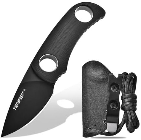 TONIFE Runer Feststehendes Neck Knife mit Scheide und Lanyard 4,7cm Full Tang-Klinge EDC Messer Neck Knife für Outdoor (Schwarz+Schwarz Titan)