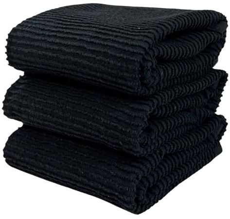 Serafina Home Oversized Solid Color Black Kitchen Dish Towels: 100% Cotton Cloth Soft Cleaning Drying Absorbent Ribbed Terry Loop, Set of 3 Multipurpose for Everyday Use (Black)