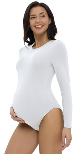 Gowjog Body de Grossesse à Manches Longues, Col Rond, Combinaison, Robes Vêtements Maternité Body de Maternité (Blanc, M)