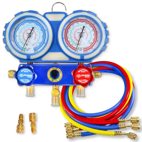 GOLDMAN SERVICE | Kit Manomètre Climatisation avec 3 Tuyaux de Recharge et Mesure de Gaz Réfrigérant Voiture AC | R410A R407C R32 R134a