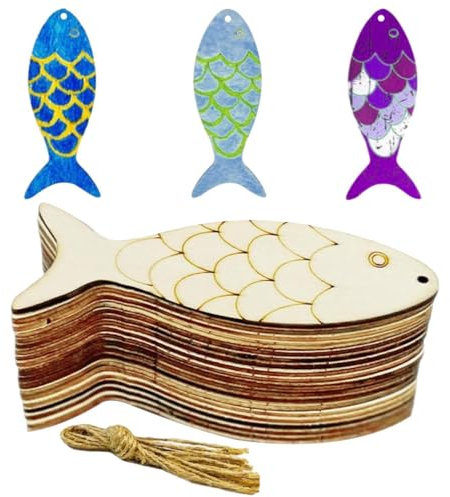 TYFGRT 40 Pezzi di Trucioli di Legno A Forma di Pesce, 40 Pezzi di Corda di Canapa, Materiali in Legno, Forma A Forma di Pesce, Decorazione Creativa Fai-da-Te, Adatto per L'Artigianato