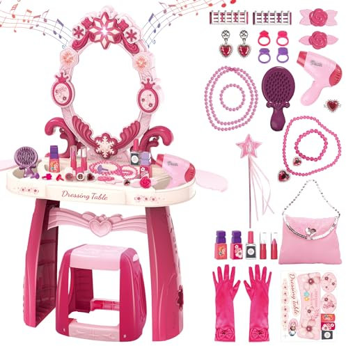 deAO Set Parrucchiera Bambina con Sgabello, Specchiera Trucco Bambina con Musica, Luce Salon Bambini Trucco Set per Ragazze Giochi Bambini da 3 Anni (Rosa)