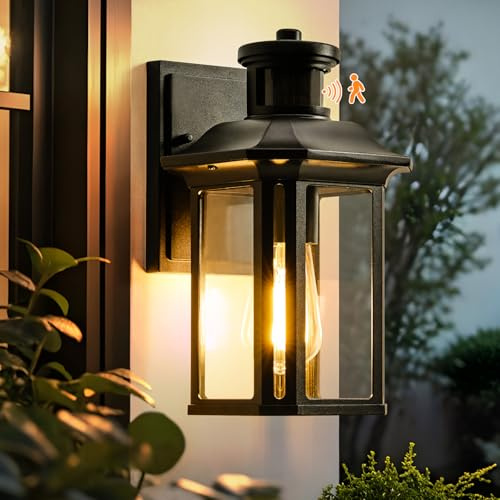 CELAVY Outdoor Wall Lights with Motion Sensor, Waterproof PIR Outside Light Mains Powered, Vintage E27 Dawn to Dusk Front Door Porch Sconce, Black LED External Security Glass Lantern, Bulb Included