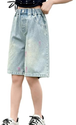 Mjjsk Short en jean élastique taille haute pour filles - Bermuda ample ample pour l'été tendance pour enfants