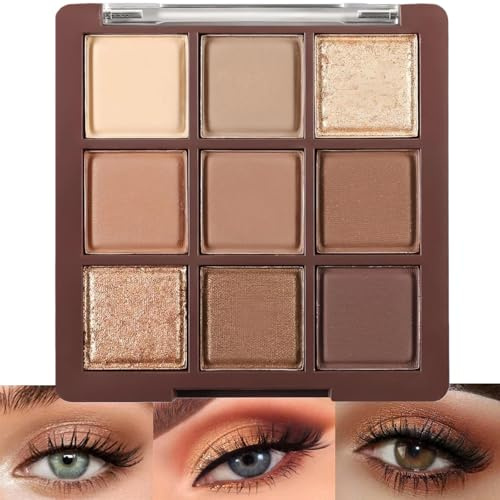 Brown Eyeshadow Palette, Eye Shadow Pallets for Women, 9-Color Matte Shimmer Glitter Neutral Makeup Palette with Nude Gold Eyeshadow, Highly Pigmented Cream Eyeshadows with Bronzer & Contour